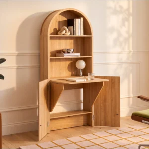 Bureau bibliothèque LYMIAR naturel clair avec étagères ouvertes et bureau escamotable