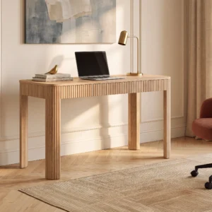 Bureau VIRELYO naturel clair avec tiroir et finition rainurée en placage chêne