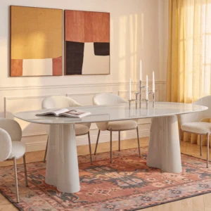 Table à manger AVALINA ovale beige avec plateau en verre trempé et pieds sculptés