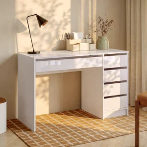 Bureau JENEMI blanc brillant avec cinq tiroirs et plateau rectangulaire