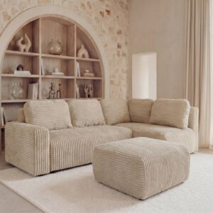 Canapé d'angle Duo Elvis beige avec méridienne et couchage convertible
