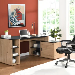 Bureau d'angle ROMIARA en MDF naturel et noir avec niches et placard intégré