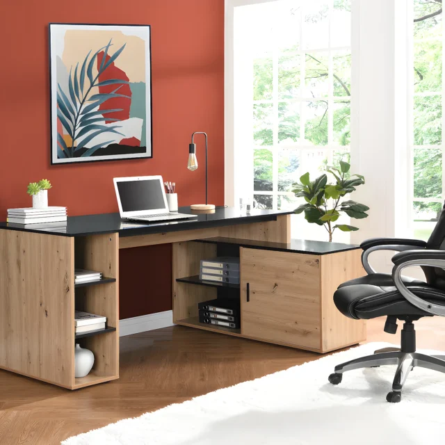 Bureau d'angle ROMIARA en MDF naturel et noir avec niches et placard intégré