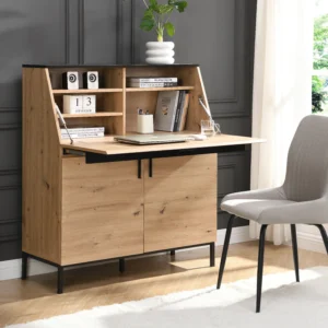 Bureau secrétaire MALEDA naturel et noir avec plateau rabattable et rangements