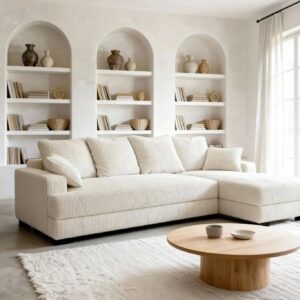 Canapé Faustine Casanova Paris beige avec méridienne et couchage convertible
