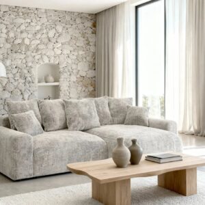 Canapé Oli Angle en chenille beige avec méridienne et assise d’angle