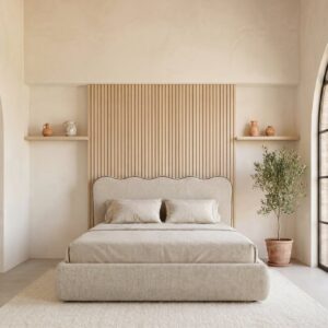 Lit Spello Casanova Paris beige avec tête de lit haute et cadre