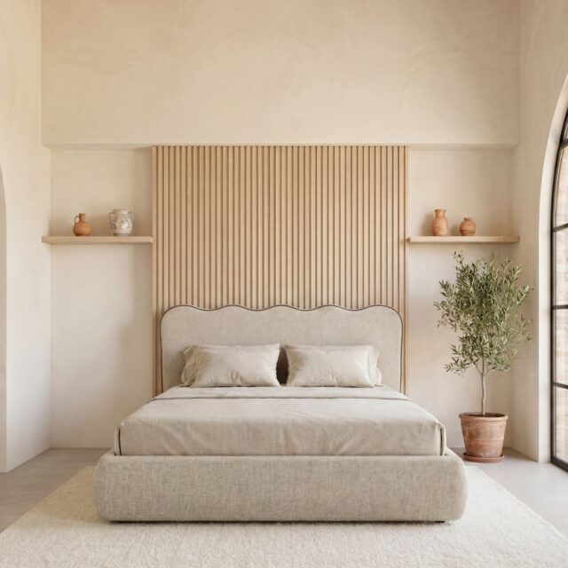 Lit Spello Casanova Paris beige avec tête de lit haute et cadre