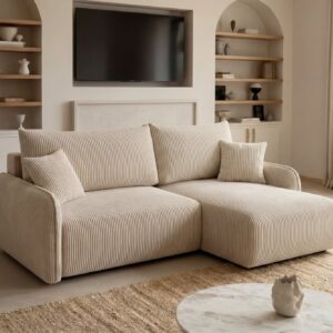 Canapé d’angle Sacha Angle beige en velours côtelé avec méridienne