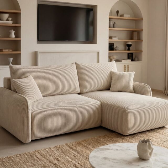 Canapé d’angle Sacha Angle beige en velours côtelé avec méridienne