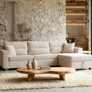 Canapé d'angle Loulou beige convertible avec assise spacieuse et couchage