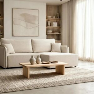 Canapé d'angle Bonnie beige avec méridienne et couchage annoncé