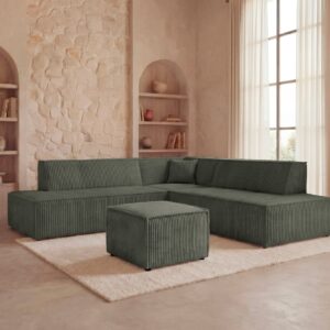 Canapé d'angle Duo Laria vert avec pouf et couchage convertible