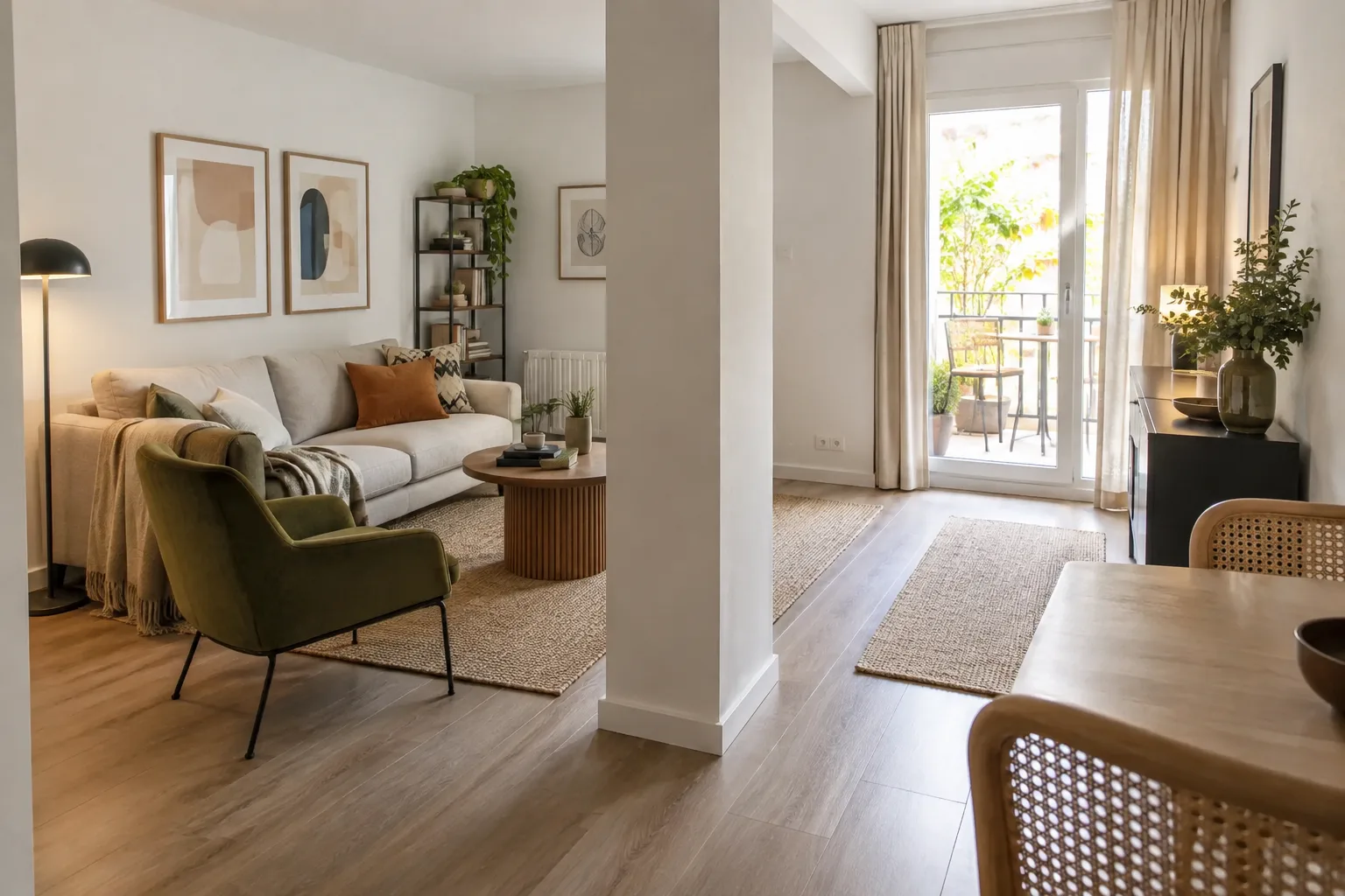 Dans un séjour, un canapé et un fauteuil sont disposés de part et d’autre d’un poteau central, avec un passage libre vers la porte-fenêtre.