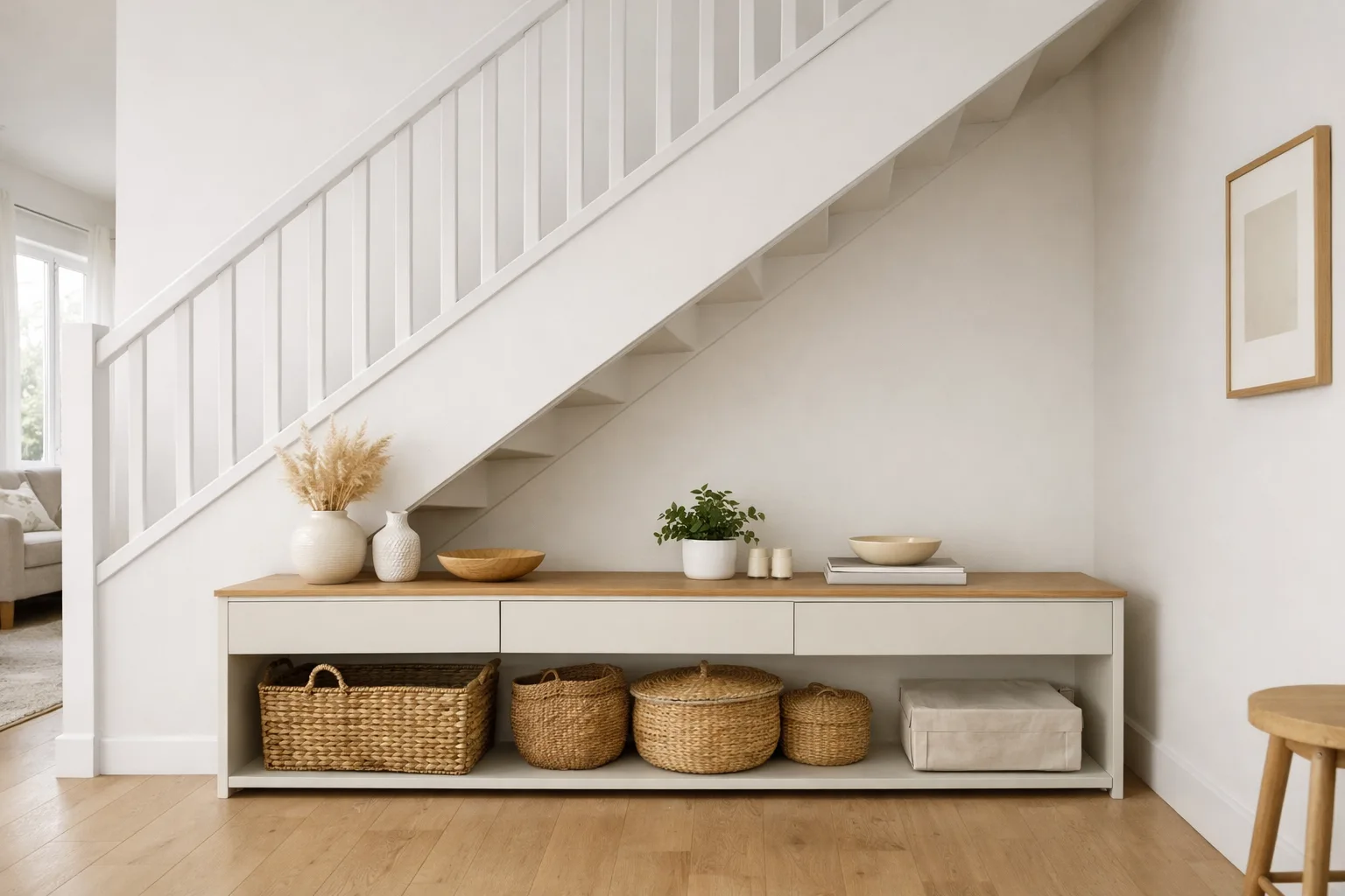 Meuble bas et paniers rangés sous un escalier, avec un passage libre à côté.