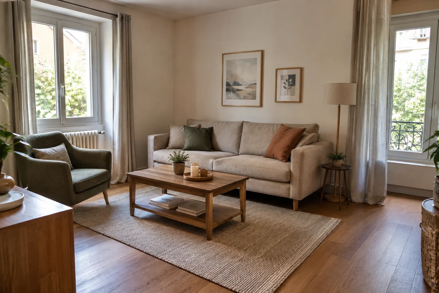 Un canapé et un fauteuil disposés dans un séjour éclairé par deux fenêtres situées sur des murs différents.