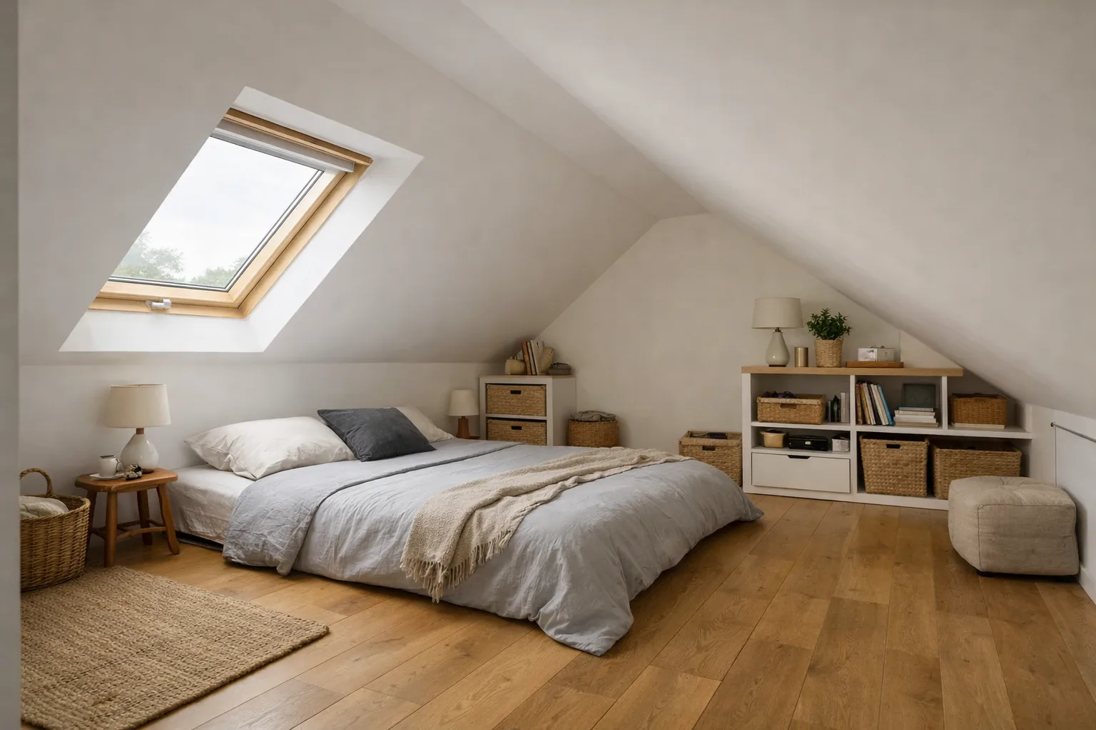 Chambre mansardée avec un lit bas, des rangements sous la pente du toit et une fenêtre de toit.