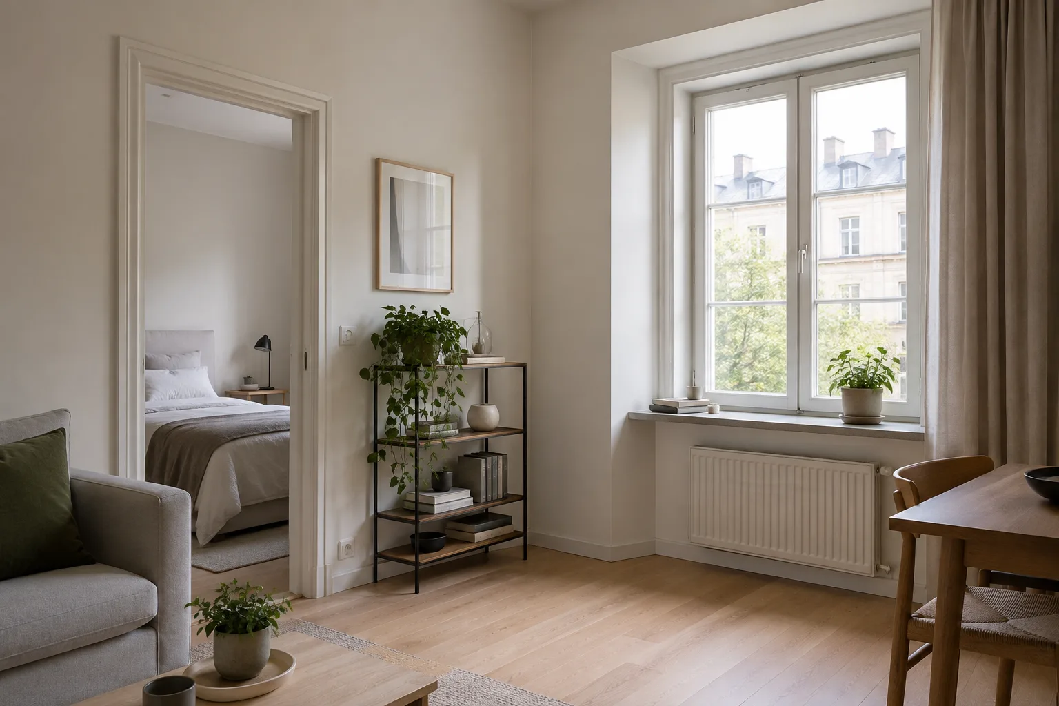 Embrasure de fenêtre aménagée avec une tablette étroite, quelques objets et un rideau laissé libre.
