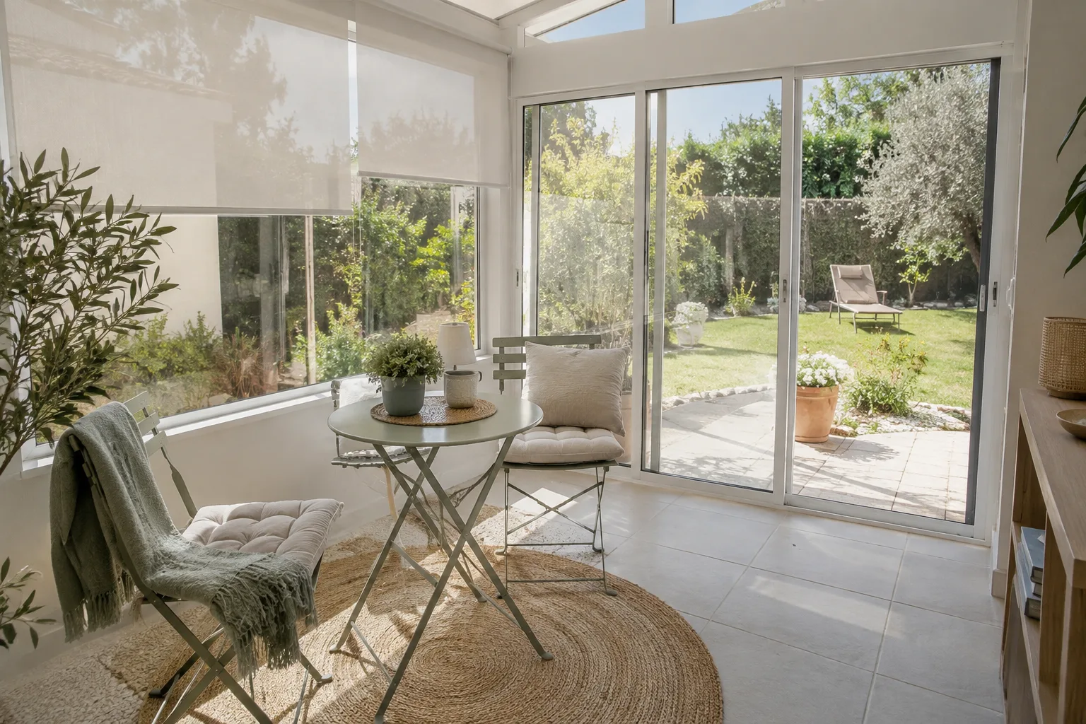 Une véranda avec une petite table et deux fauteuils disposés près des fenêtres, laissant libre le passage vers le jardin.