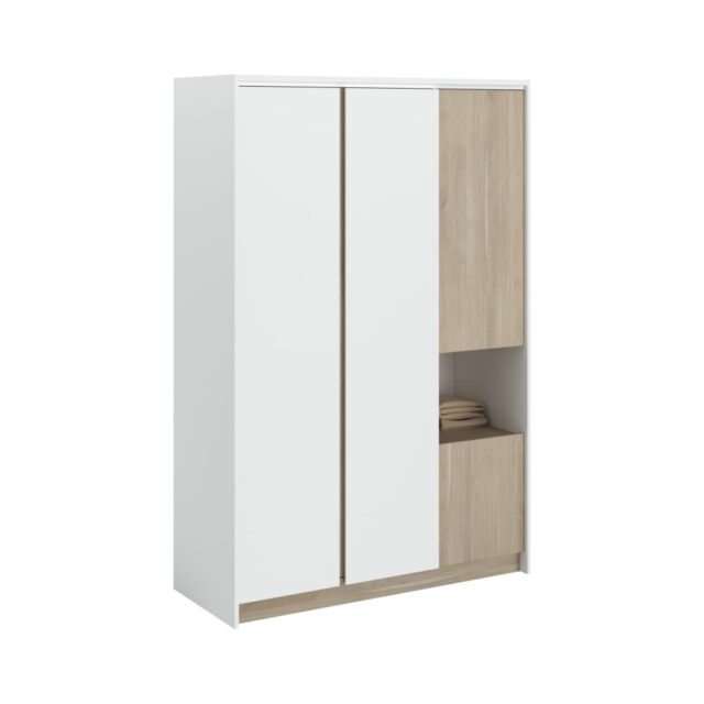 Armoire CAMIF Palerme à quatre portes, décor chêne artisan et blanc