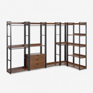 Armoire Ariaster noire ouverte avec tiroirs, étagère et barres de penderie
