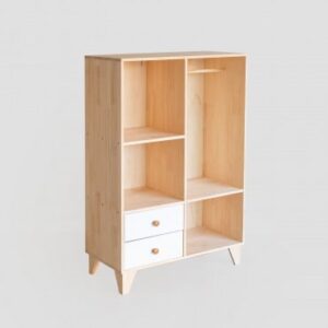 Armoire Sklum Boxy Kids en pin naturel avec étagères, tiroirs et barre