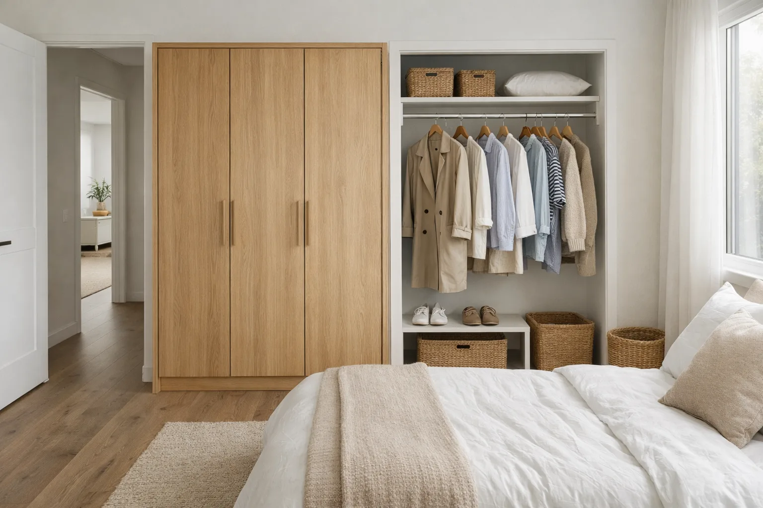 Une armoire fermée en bois clair et une penderie ouverte portant quelques vêtements se trouvent dans une chambre lumineuse.
