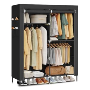 Armoire en tissu SONGMICS noire avec trois zones de suspension et poches latérales