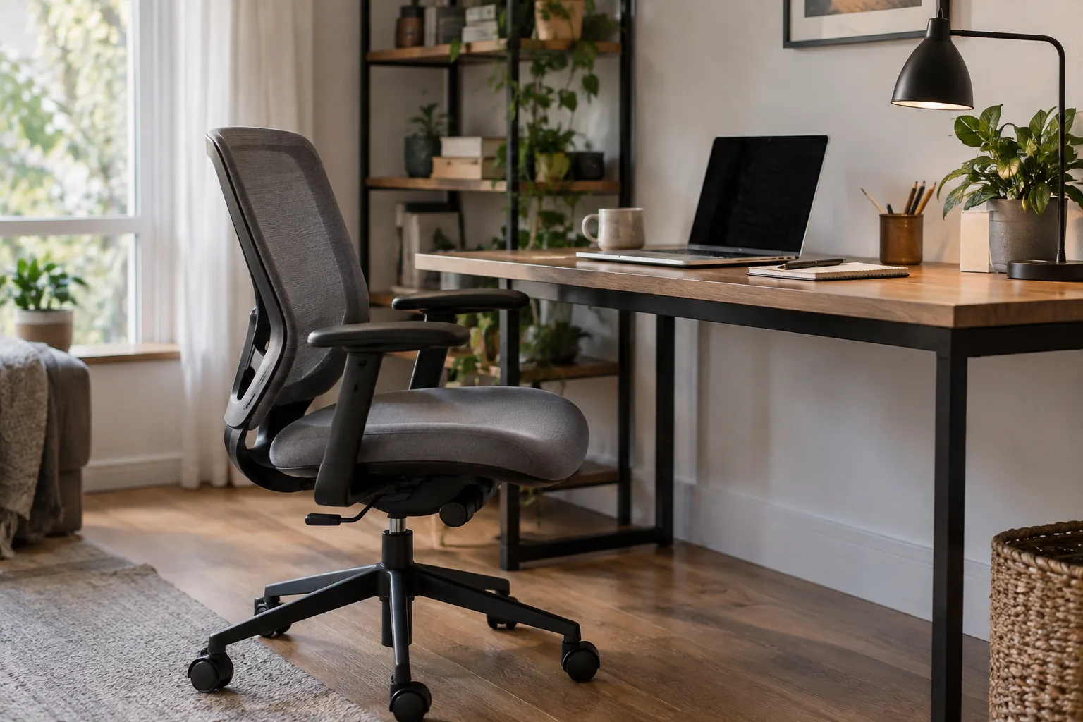 Une chaise de bureau à roulettes placée devant un bureau en bois, avec ses accoudoirs et son dossier visibles.