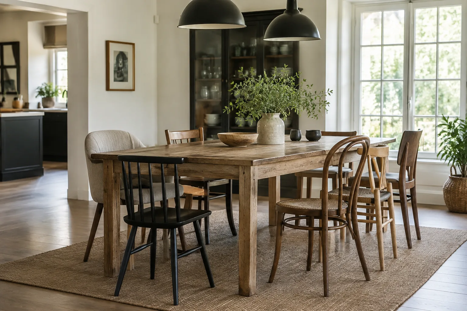 Table en bois entourée de chaises dépareillées, avec des formes différentes et des teintes coordonnées.