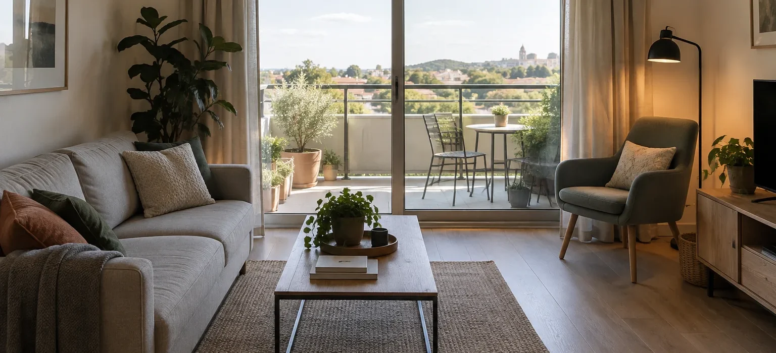 Petit salon avec un canapé contre le mur et un passage libre vers une baie vitrée ouverte sur un balcon.