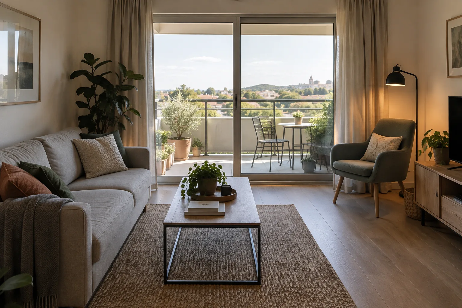 Petit salon avec un canapé contre le mur et un passage libre vers une baie vitrée ouverte sur un balcon.