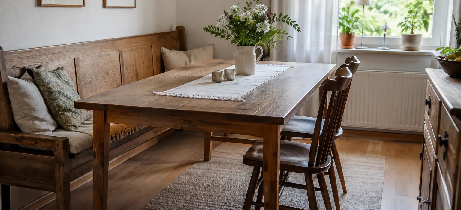 Banquette en bois placée contre un mur le long d’une table de salle à manger, avec deux chaises en face.
