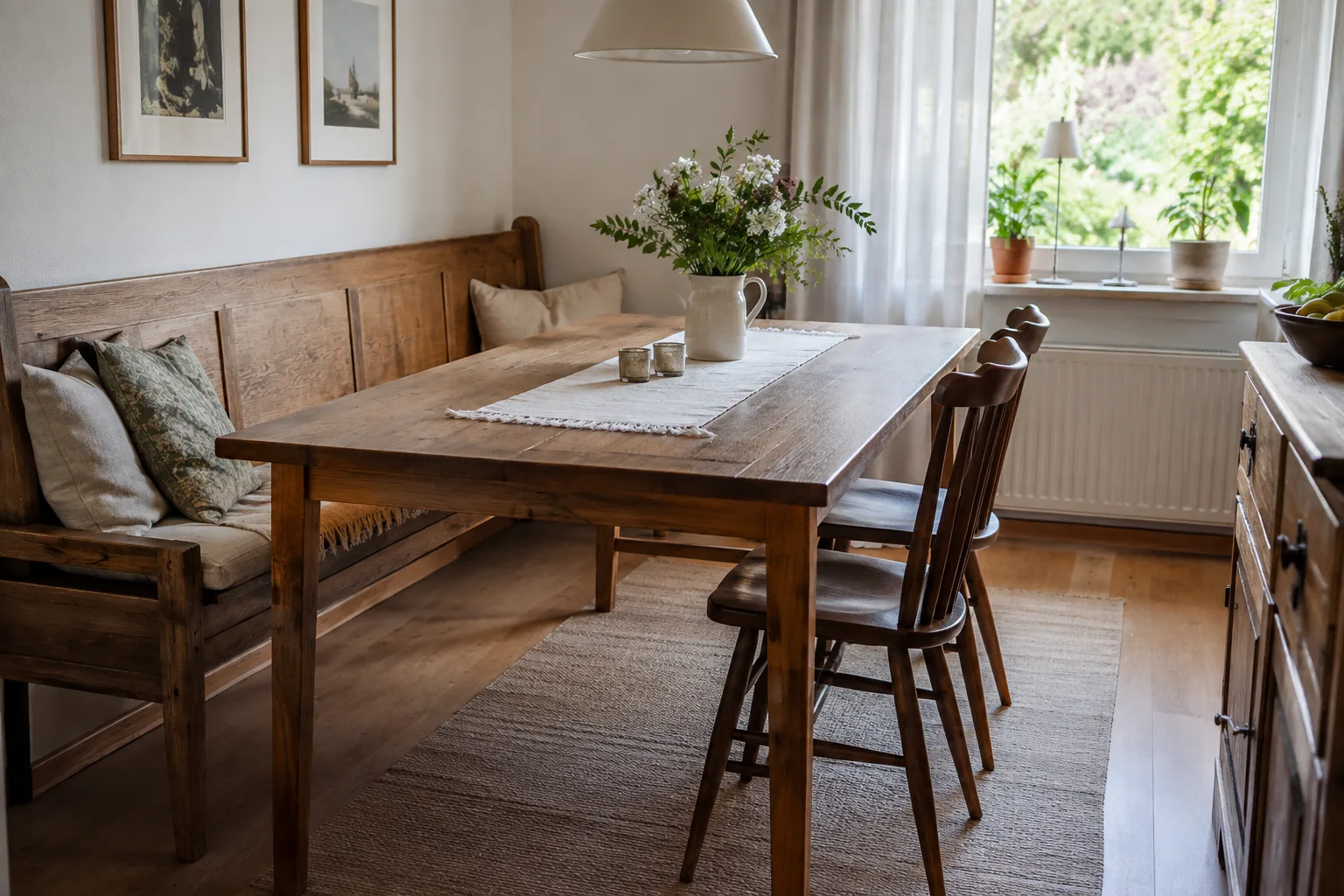 Banquette en bois placée contre un mur le long d’une table de salle à manger, avec deux chaises en face.