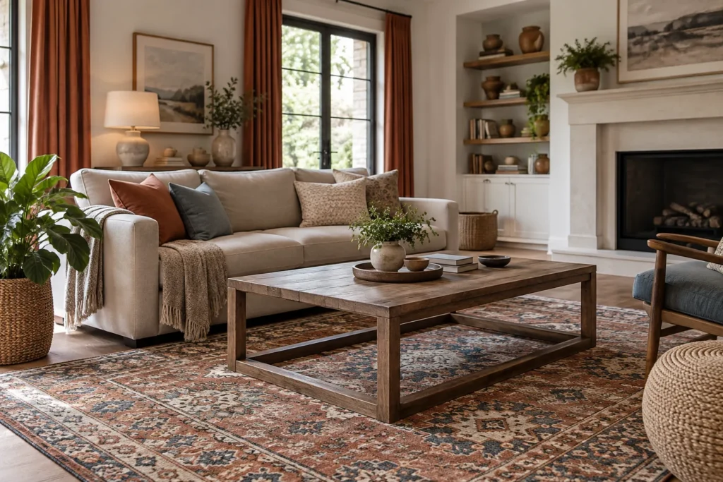 Un tapis à motifs terracotta, beige et bleu sourd devant un canapé uni avec des coussins et des rideaux aux teintes coordonnées.