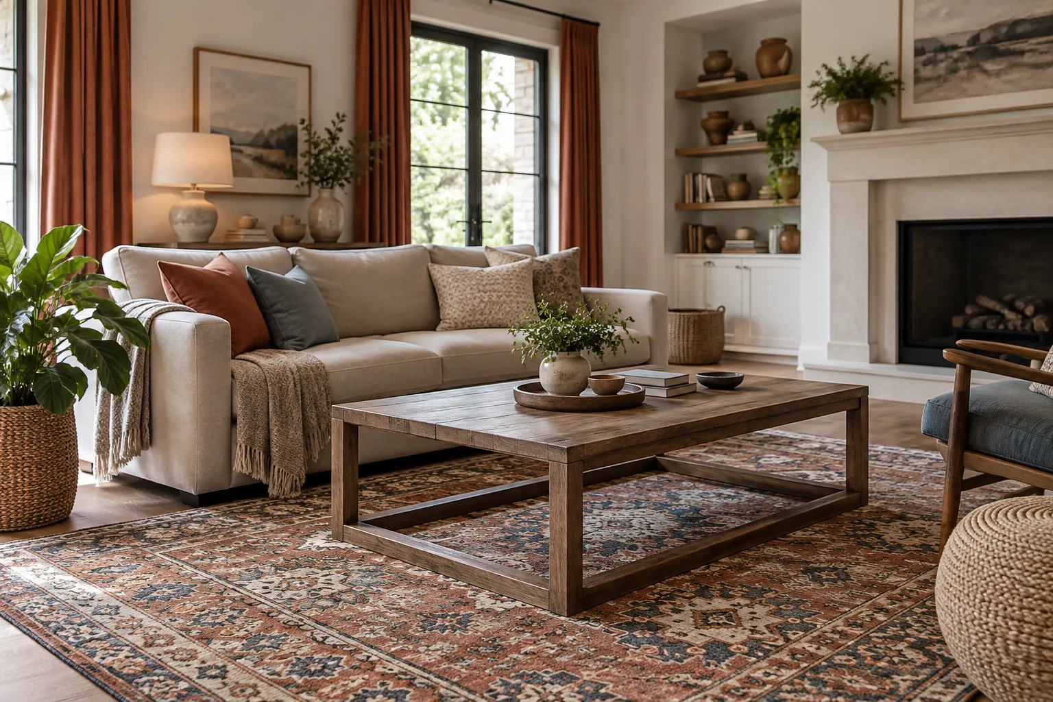 Un tapis à motifs terracotta, beige et bleu sourd devant un canapé uni avec des coussins et des rideaux aux teintes coordonnées.