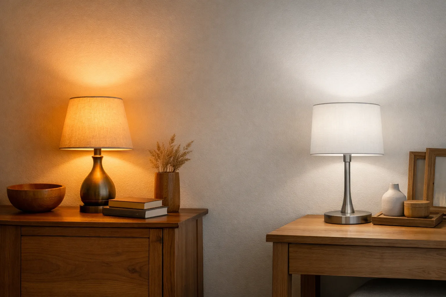 Deux lampes éclairent un intérieur, l’une d’une lumière dorée et l’autre d’une lumière blanche neutre.