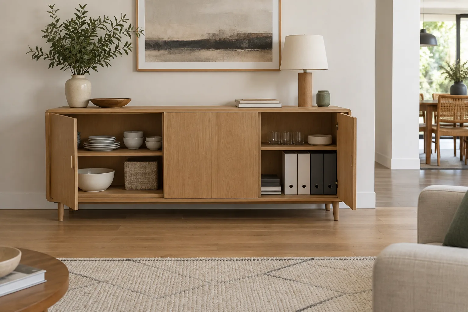 Buffet bas en bois clair aux portes entrouvertes, avec de la vaisselle et des dossiers rangés à l’intérieur.