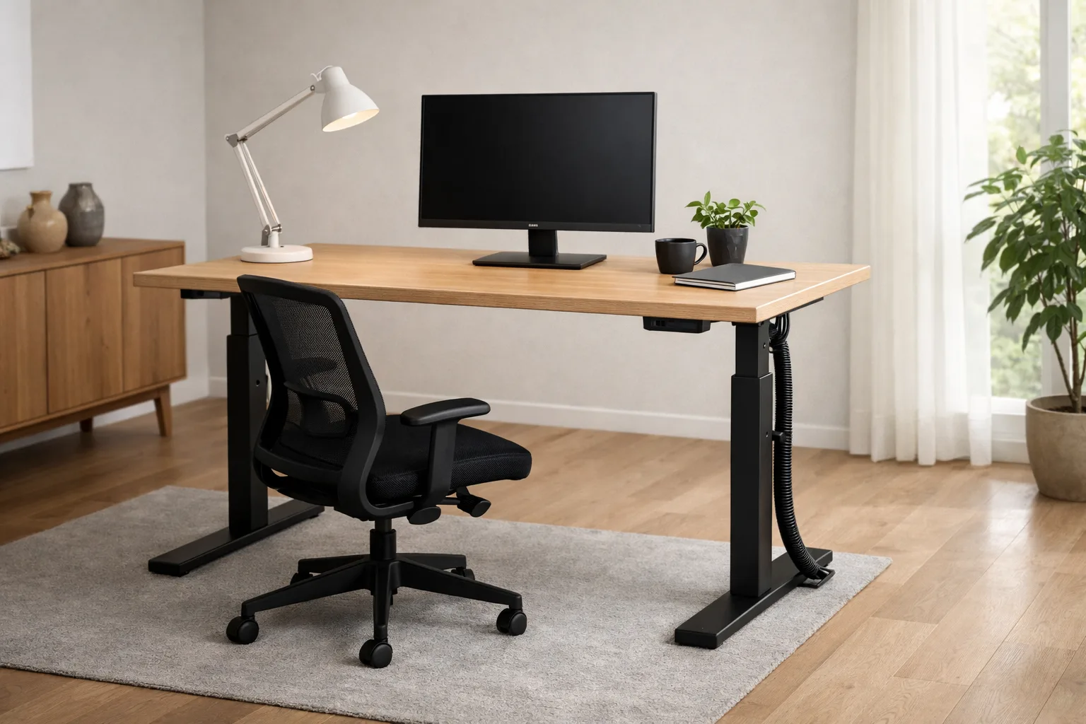 Bureau réglable en hauteur avec un écran et une chaise reculée, installé près d’un mur en laissant le sol dégagé.