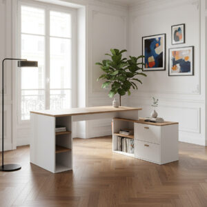 Bureau d'angle droit PRAGUE BOBOCHIC blanc avec tiroirs et niches de rangement