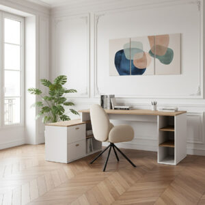 Bureau d'angle BOBOCHIC PRAGUE en décor chêne et blanc avec rangements
