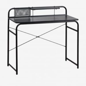 Bureau Sibila Sklum noir avec plateau en bois, étagère et pieds en acier