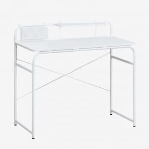 Bureau Sibila Sklum blanc avec plateau en bois, étagère et panier supérieur