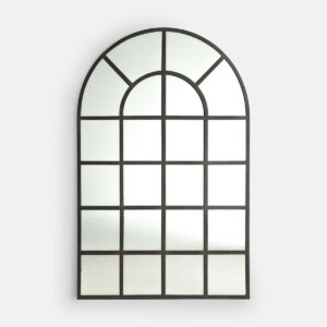 Miroir Lenaig à façade fenêtre, montants métalliques noirs et rivets apparents