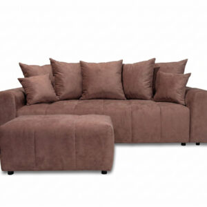 Canapé Bobochic Roxelane trois places en tissu chiné avec pouf rouge