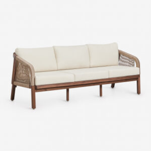 Canapé Dubai en acacia foncé, corde tressée et coussins blancs