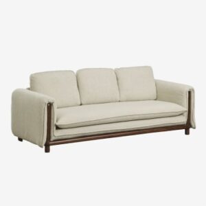 Canapé Pablian beige en bouclé avec pieds et base en bois d’hévéa