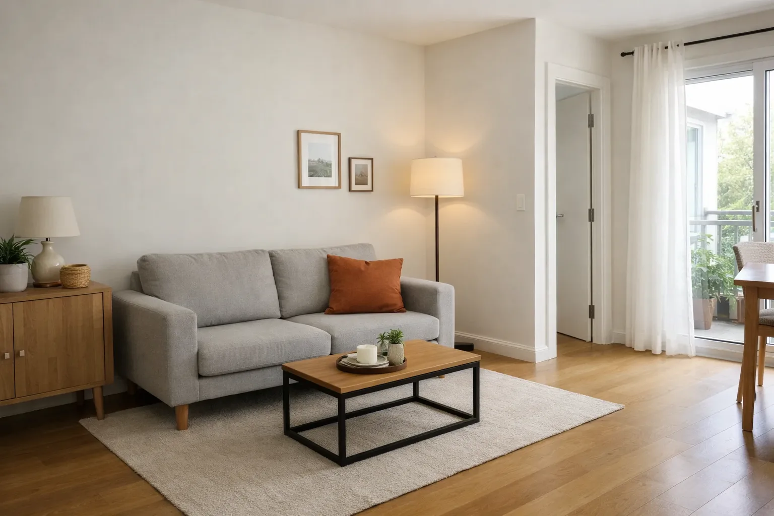 Un canapé deux places contre un mur dans un petit séjour, avec un passage libre vers la fenêtre.