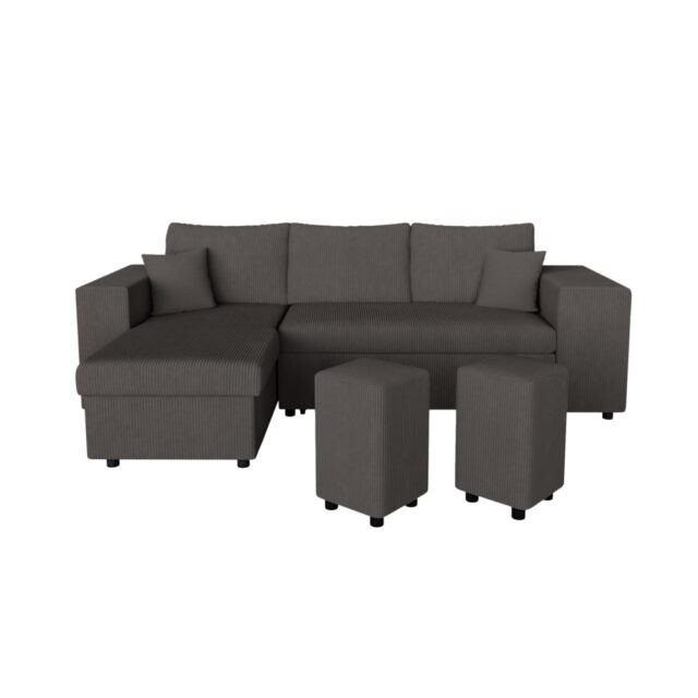 Canapé convertible Usinestreet MADY gris en velours côtelé avec deux poufs