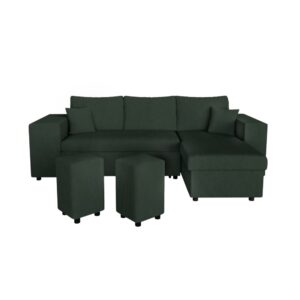 Canapé convertible MADY vert en velours côtelé avec deux poufs et étagères